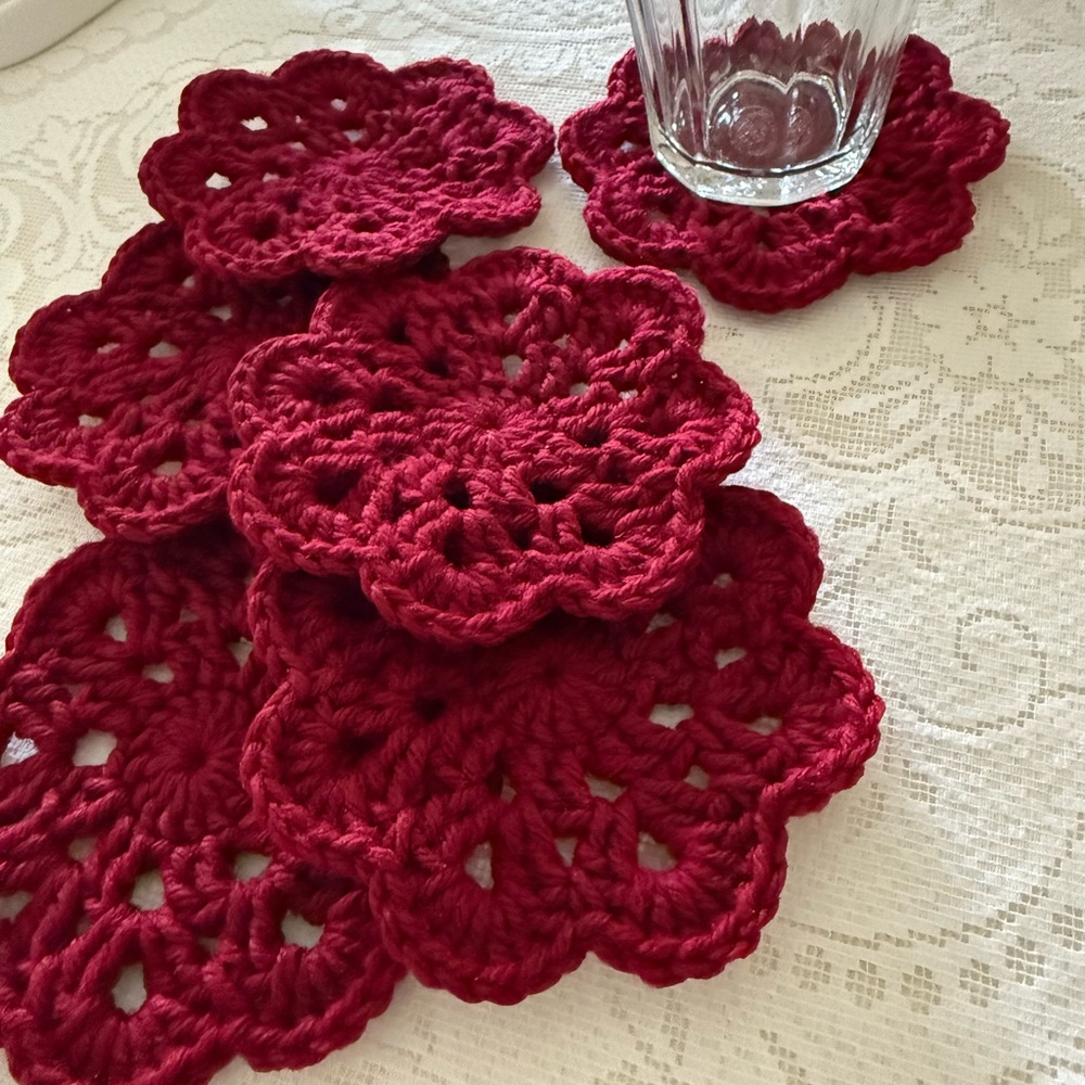 Handmade Crocheted Burgundy Coasters set of 6